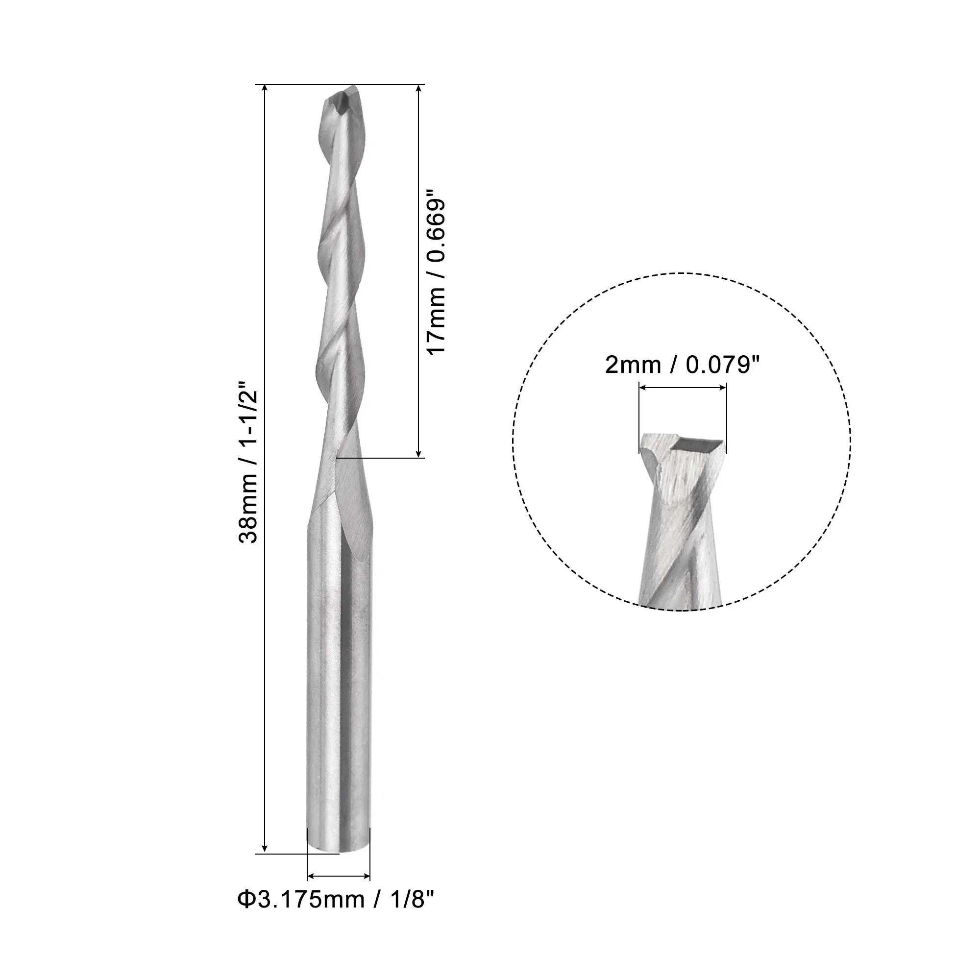 Uxcell-broca de enrutador en espiral CNC, vástago de 1/8 pulgadas, 2mm x 17mm, carburo, 2 flauta, para PVC, madera MDF