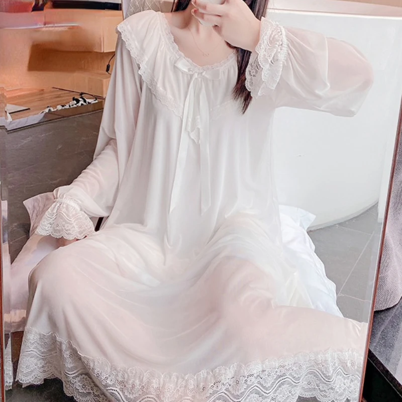 Fairy Night Dress Women Long Sleeve Lace Peignoir Kawaii Girl Romantic Vintage Nightgown Victorian Nightdress Princess Sleepwear