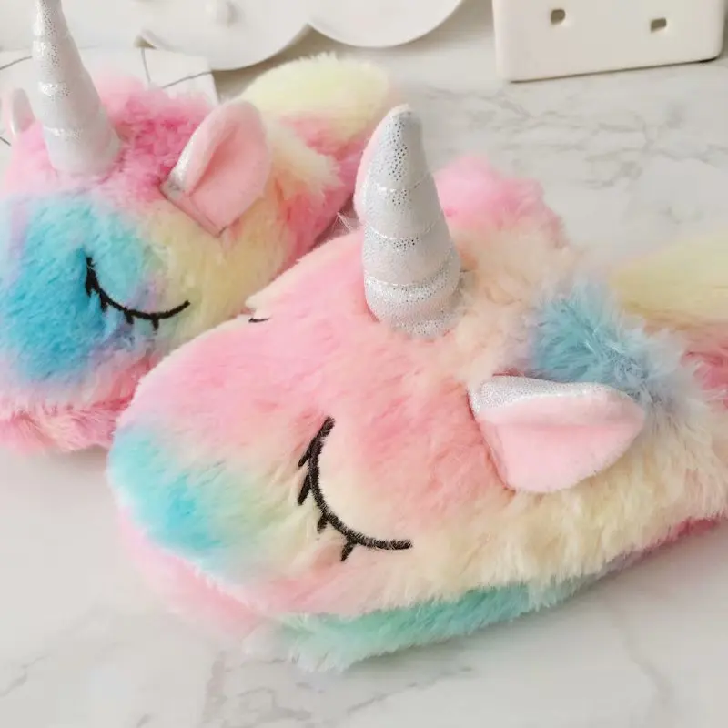 House Women Fur Slippers Cute Colorful Unicorn Cartoon Cozy Home Grils Gifts Slippers Indoor Warm Plush Ladies Fluffy Shoes