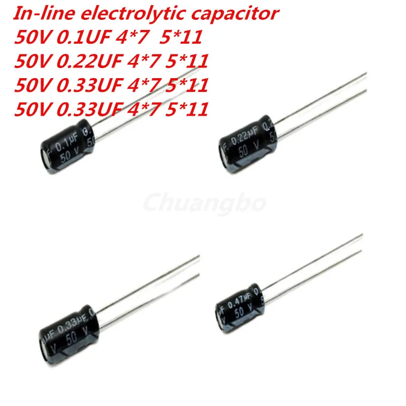 20pcs/lot Higt quality 50V 0.1UF 50V 0.22UF 0. 33UF 50V 0.47UF 4*7MM 5*11MM  aluminum electrolytic capacitor 50V 0.33UF 0.47UF