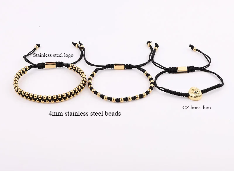 Top Quality New Design Stainless Steel Beads Woven Cord Lion Charm Adjustable Macrame Bracelet Set For Men