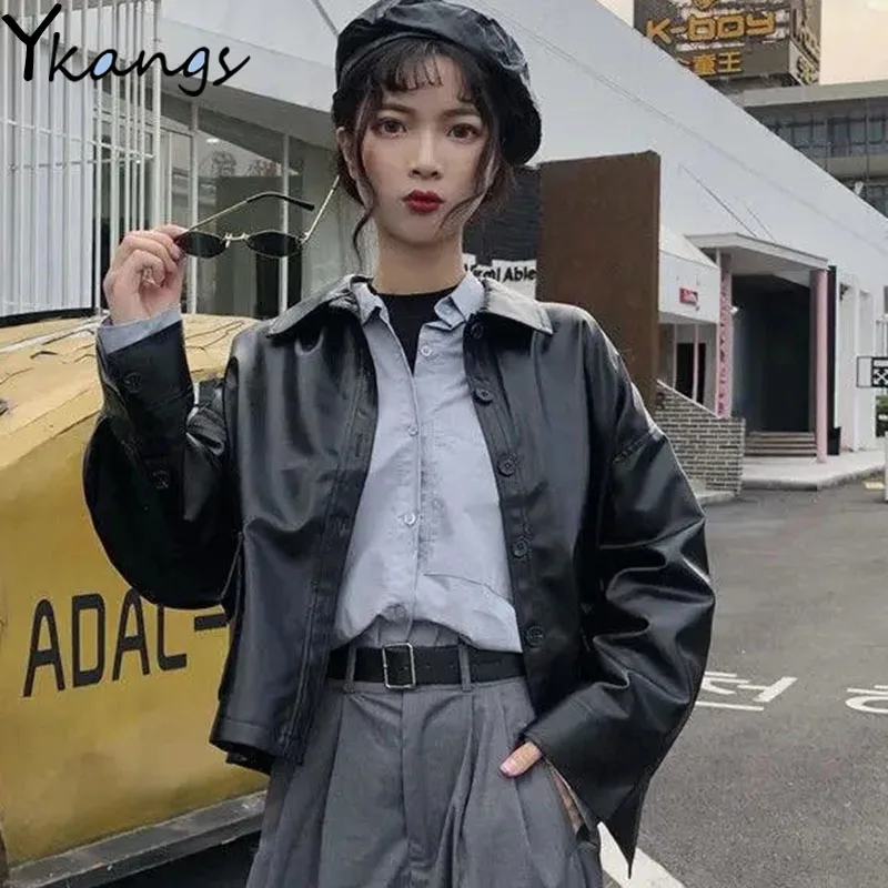 Cuero de la PU de la calle de carga Chaquetas cortas para mujer de Goth de Hip Hop de la Pu BF Retro abrigos coreano de moda Vintage Punk elegante