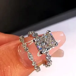Huitan Creative Wedding Sets Rings Women Fashion Double Stackable Design Brilliant Square White Cubic Zirconia Ring 2021 Jewelry