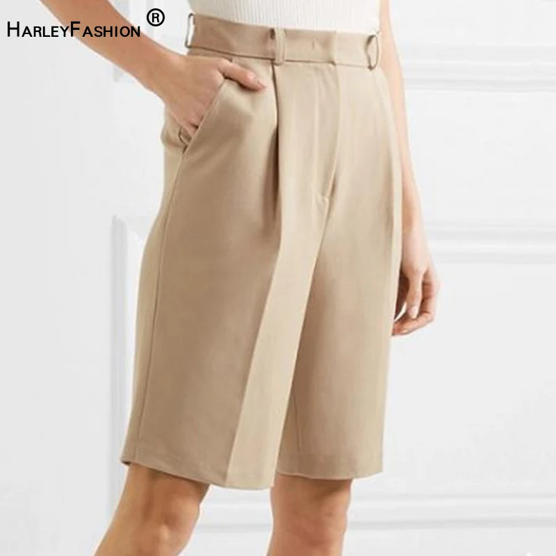 

HarleyFashion Summer Trendy Stylish Women Half-length Khaki Knee-length High Waist Classic Design Quality Fit Slim Casual Shorts