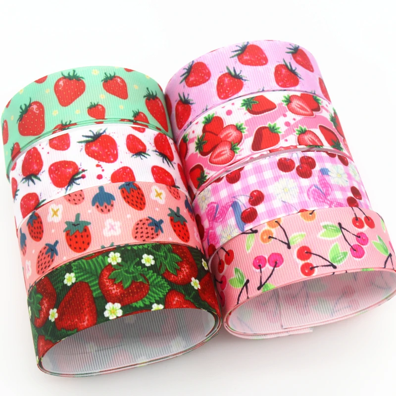 DHK 50yards Strawberry Cherry Printed Grosgrain Ribbon Accessory Hairbow Headwear Decoration DIY Wholesale Craft S1649