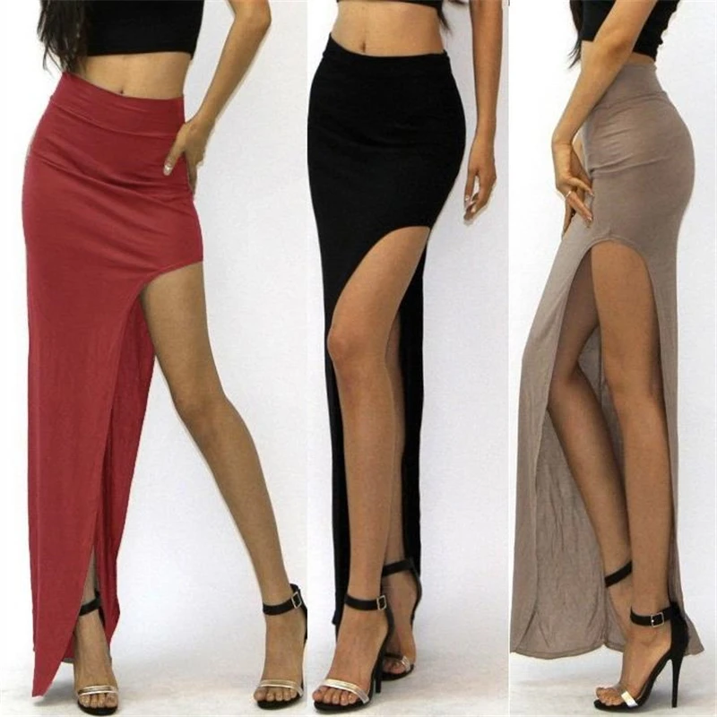  Fashion Charming Sexy Women Lady Long Skirts Open Side Split Skirt Long High Waist High Slit Maxi Skirt Black