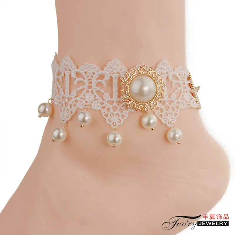 Elegant Lace Beach Wedding Barefoot Sandals White Pearl Necklace Anklet Cheap Custom Made Bridal Bridesmaid Jewelry Foot 2020