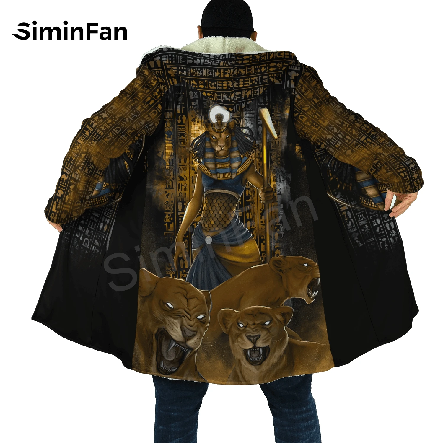 

Winter Thick Mens Hooded Cloak Ancient Gods of Egypt 3D Print Flannel Claw Buckle Coat Unisex Casual Cashmere Warm Cape Jacket 6