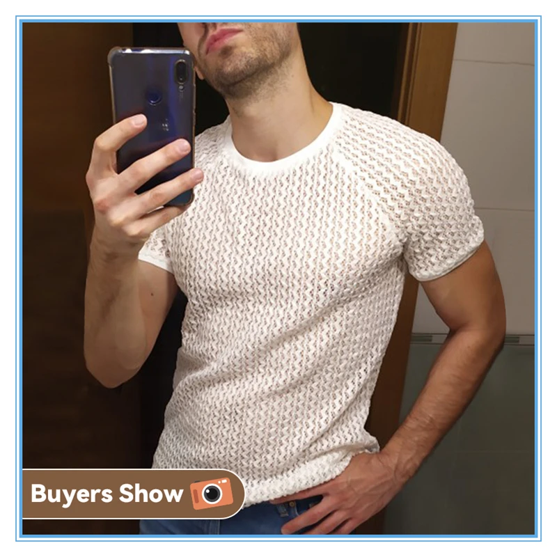 2023 Men T Shirt Solid Color Hollow Out See Through Streetwear Short Sleeve O Neck Tops Vacation Casual Sexy Camisetas INCERUN