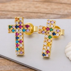 Top Quality Rainbow Cross Stud Earrings Gold Color Micro Pave CZ Delicate Fashion Women Girls Fine Party Jewelry Gift