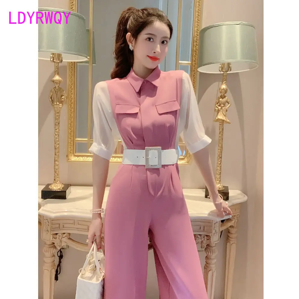 LDYRWQY Pink jumpsuit women\'s summer long small incense wind jumpsuit waist waist temperament goddess wide-leg pants