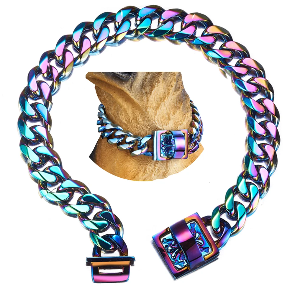 19 mm Dog Collar Rainbow Heavy Duty Stainless Steel Dog Coloured Luxury Training Collar Cuban Link with Durable Clasp Chain