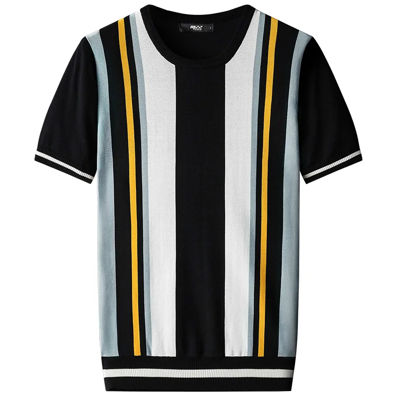 Men's 2022 T-shirt Fashion Thin Ice Silk O-neck Clothing Man Knitted Tops Tees Male Casual Striped Plus Size T-shirts Tops B23