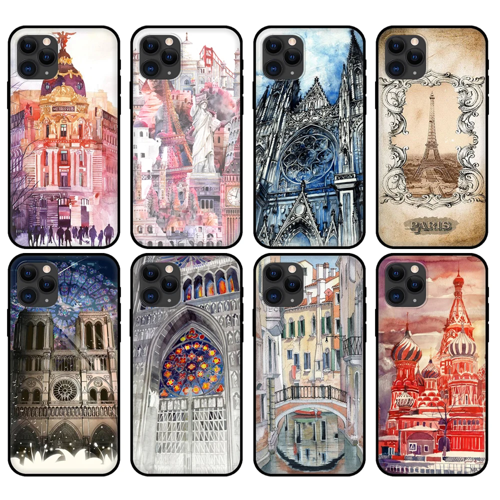 Black tpu case for iphone 5 5s se 2020 6 6s 7 8 plus x 10 XR XS 11 12 mini pro MAX back cover World famous architectural art