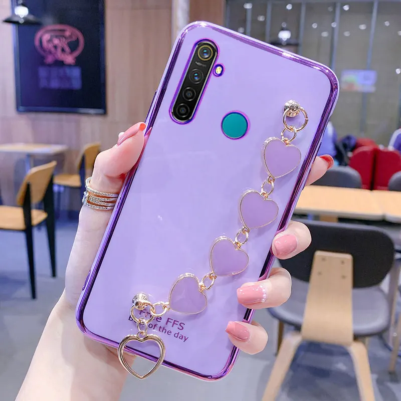 Wrist Bracelet Phone Case For Oppo Realme C3 Case Luxury Love Heart Chain Plating Cover For Oppo Realme 5 5i 6i 6 Pro Capa