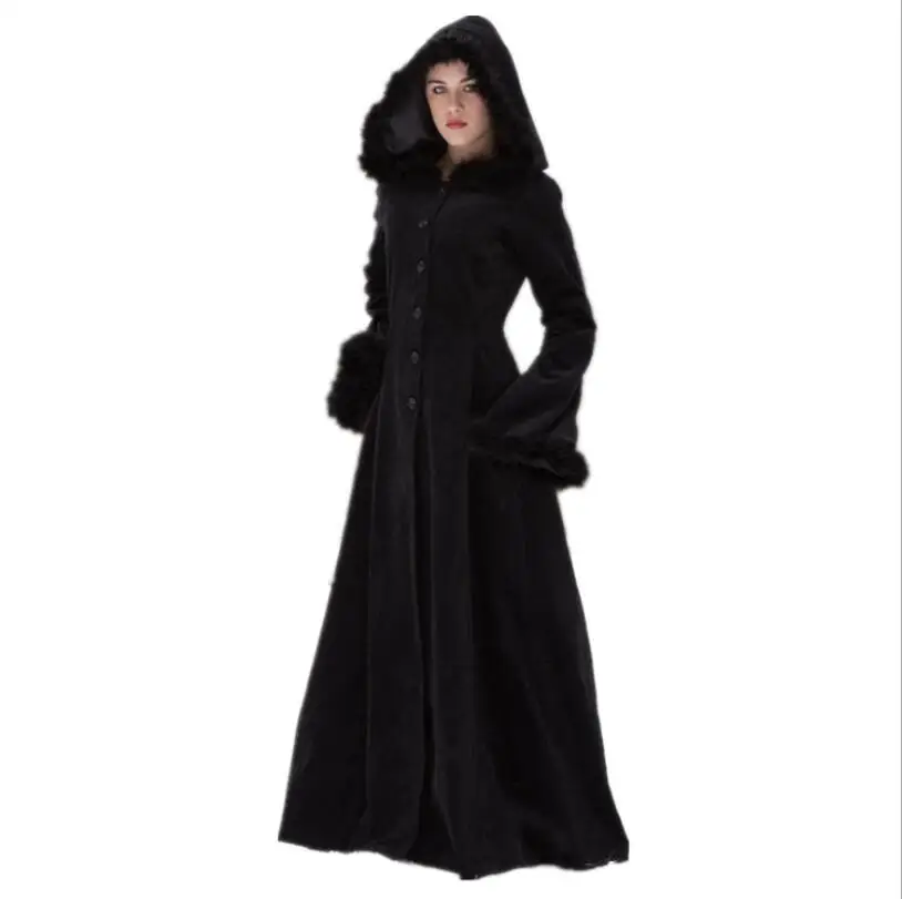 New Renaissance Medieval Costume Womens Autumn Long Coat Dress VIntage Fur Hooded Maxi Trench Coat Cosplay Outwear plus size