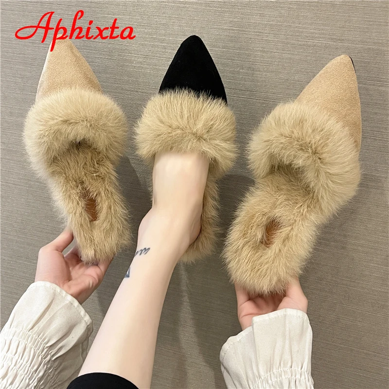 Aphixta Warm Real Rabbit Hair Slippers Women Shoes Winter Pointed Toe Luxury Real Fur Square Heel Lady Mujer Indoor Slides