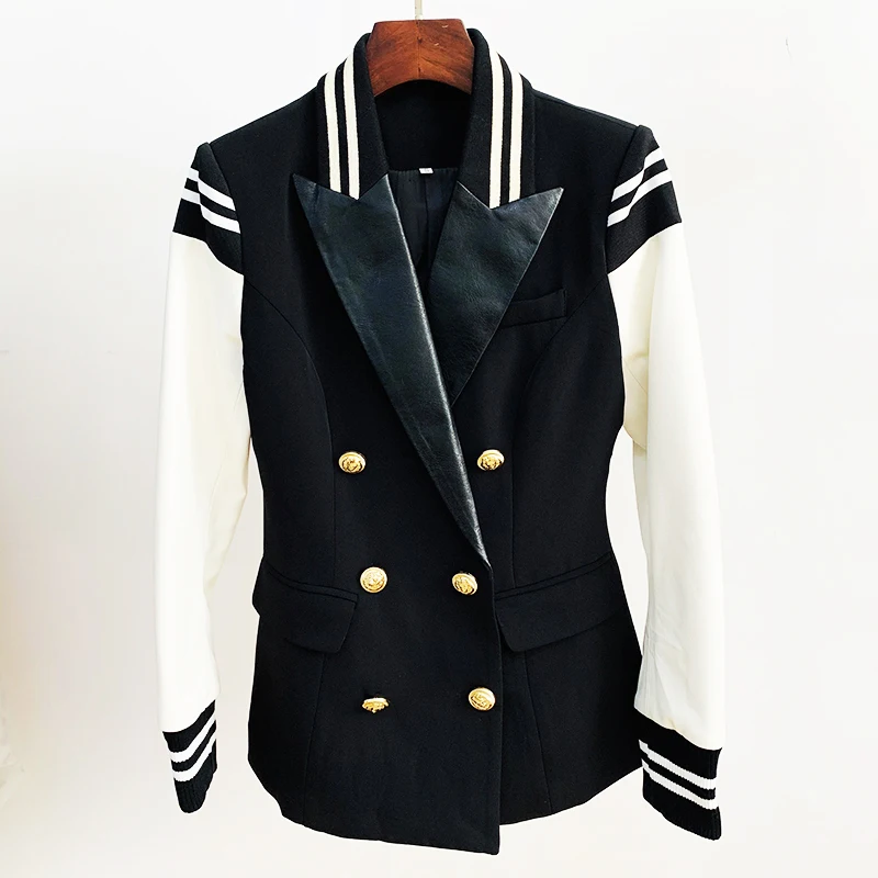 HIGH QUALITY Newest Fashion 2024 Designer Blazer Women's Leather Patchwork Double Breasted Blazer Classic Varsity Jacket