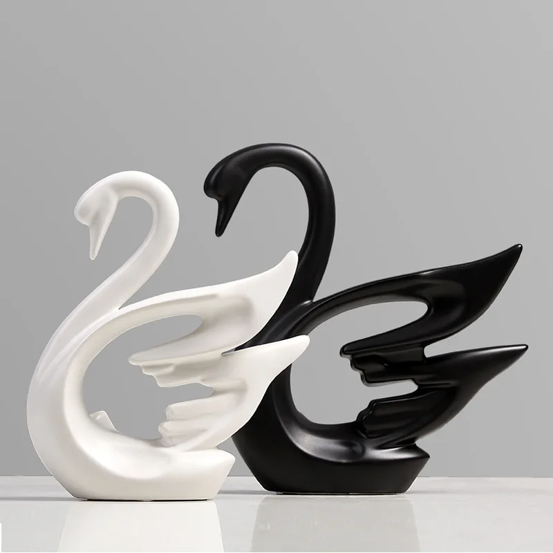 2Pcs/Set Ceramic Couple Swans Figurines Nordic Black White Ornaments for Interior Wedding Gift Creative Living Room Decor