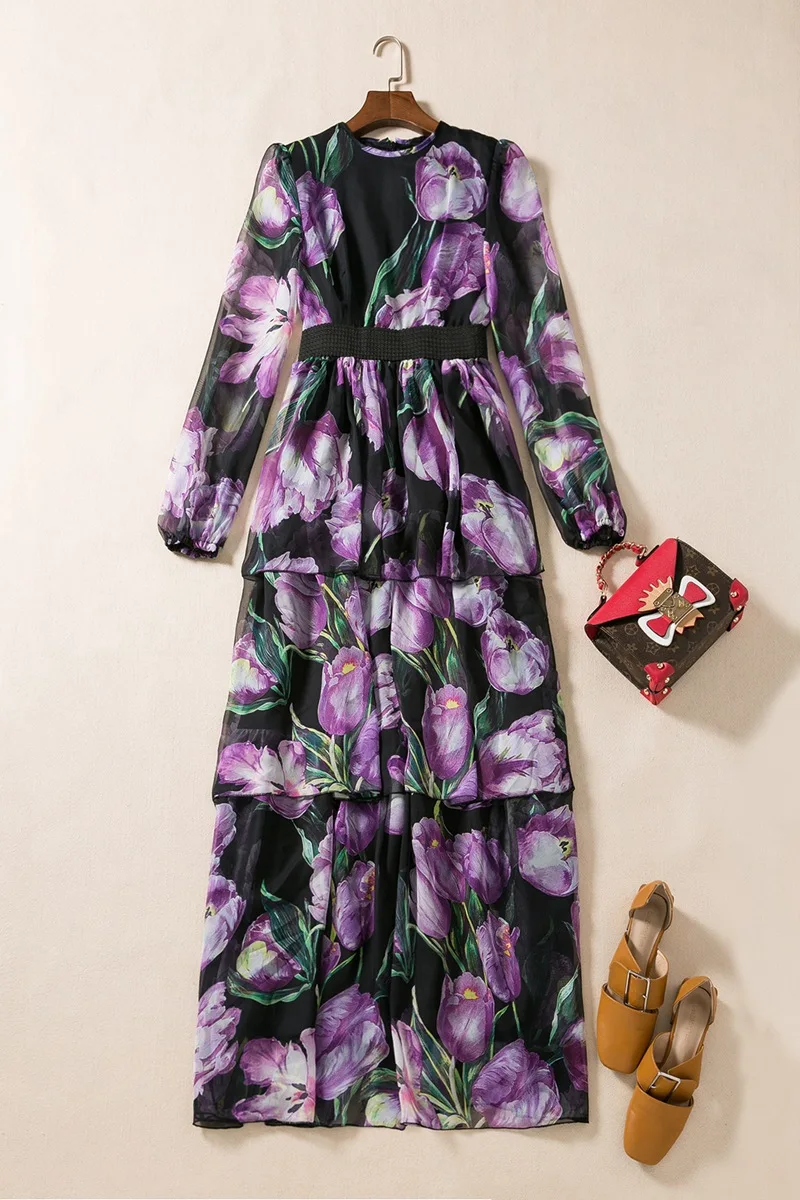 Luxury Designer High Quality Women’s Floral Print Chiffon Purple Maxi Long Sleeve Dress with Ruffles Runway Fashion 2024