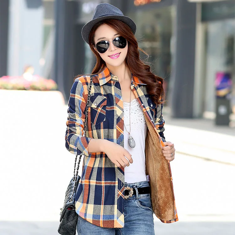 2023 Winter New Hot Sale Women Plus Velvet Thicke Warm Plaid Shirt Style Coat Jacket Woman Casual Tops Clothes Lady Outerwear