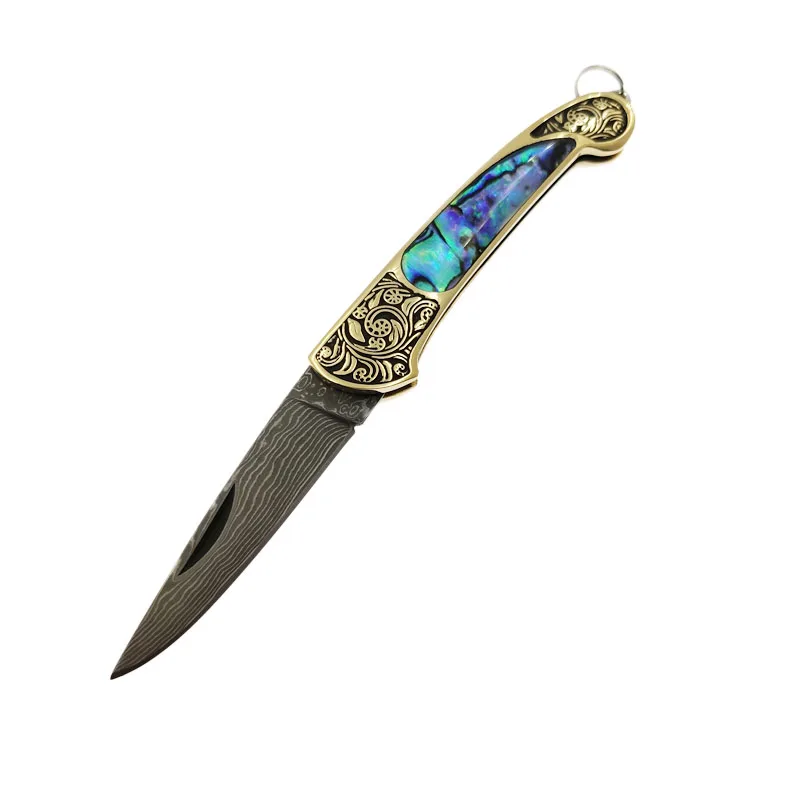 Tasca a lama in acciaio di damasco fatta a mano di grandi dimensioni bellissimo coltello pieghevole in ottone giallo + coltello multiuso con manico a conchiglia di Abalone