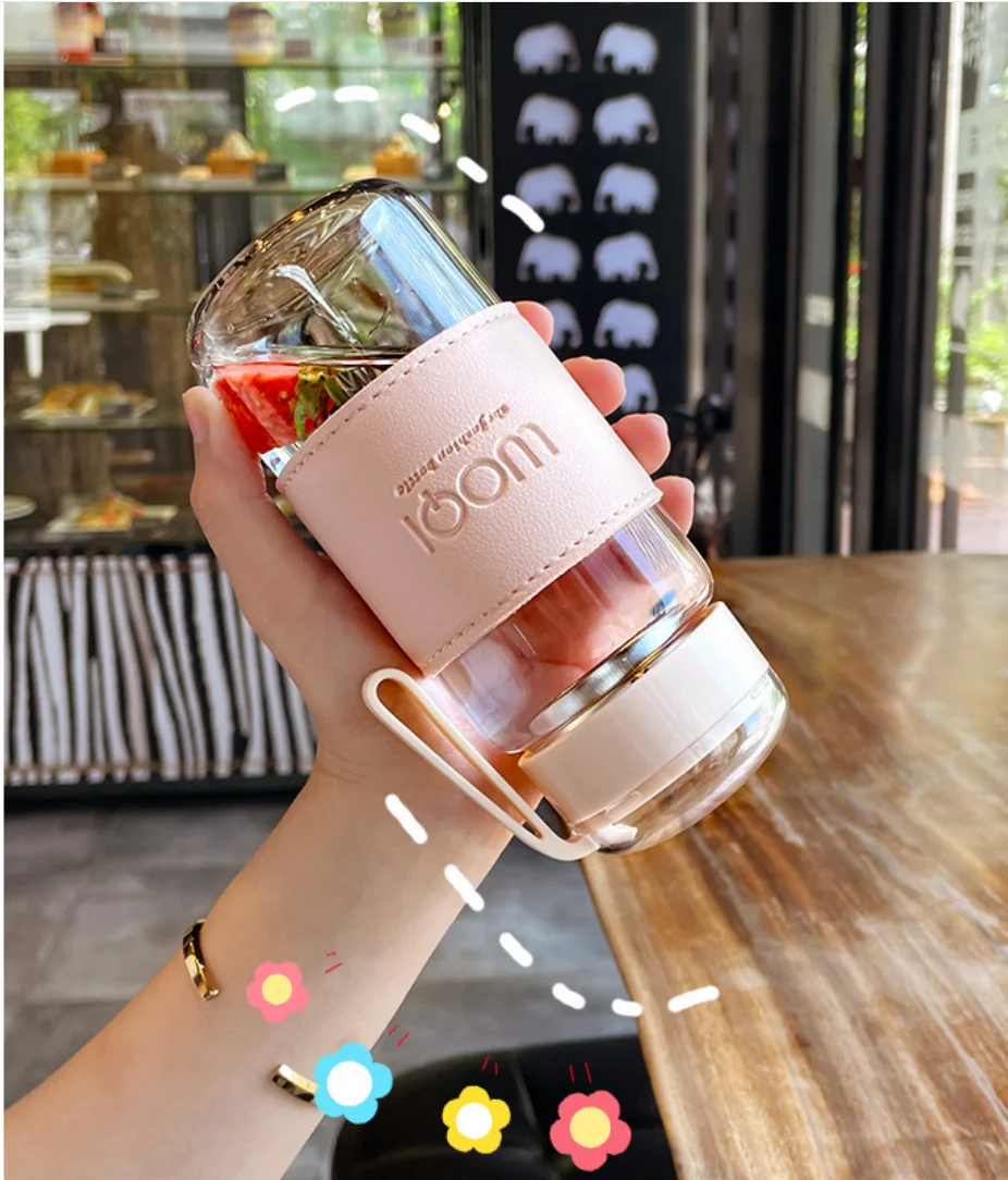 340ML 480ML Portable Cute Heat Resistant Glass Bottle For Drink Cold  Water Juice Tea With Screw Lid Filter Net Easy To Carry