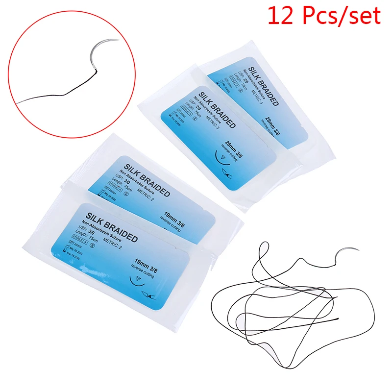 12Pcs 2/0 3/0 5/0 Medical Needle Suture Silk Braided Monofilament Thread Suture Practice Kit