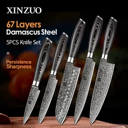 XINZUO 5 Pcs Kitchen Knife Set 67 layers Japanese Damascus Stainless Steel Santoku Cleaver Chef Paring Knives Pakkawood Handle