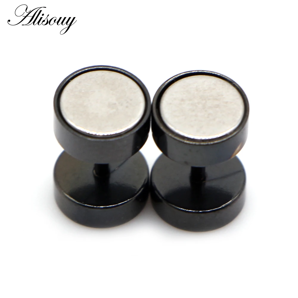 Alisouy 2pcs Fashion Punk Double Sided Round Bolt Ear Stud Earrings Male Gothic Barbell Black Earrings Men women Jewelry Gift