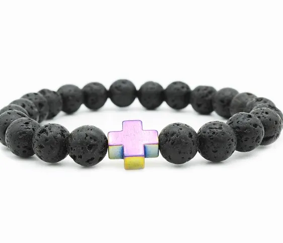 8mm ugj5 gold cross Magnetite adjusted zircon cubic zirconia Bracelet black volcanic lava Stone bead essential oils diffuser