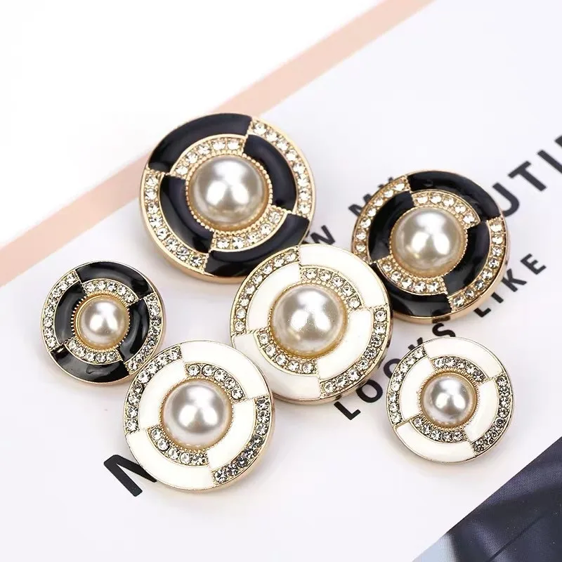 10pcs/lot Rhinestone Pearl Buttons for Clothing Sewing Supplies and Accessories Fashion Women's Coat Buttons Balck Metal Buttons