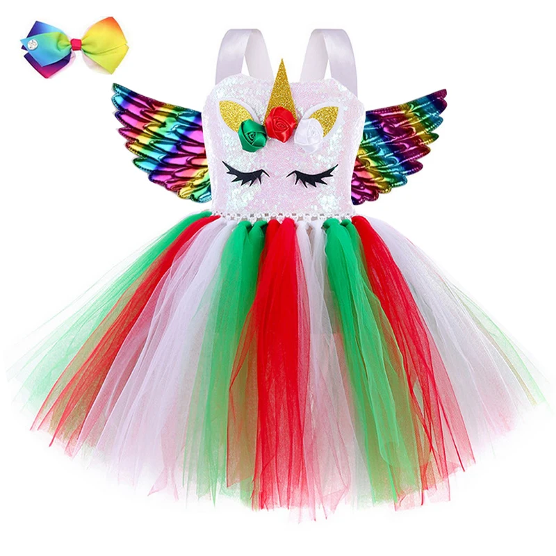 Girls Unicorn Costume Fancy Up Christmas Kids Sequin Rainbow Tutu Birthday Party Carnival Dresses Princess Cosplay Costumes