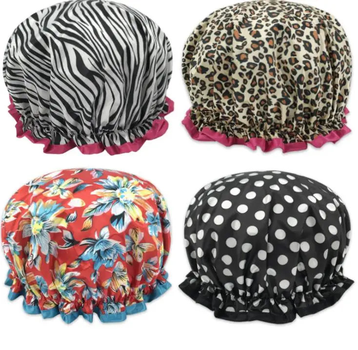 Wide Brimmed Shower Caps Bath Hat Waterproof Double Layers Satin Fabric Hair Bonnets Round Fitted Hats Head Wrap  SN3648