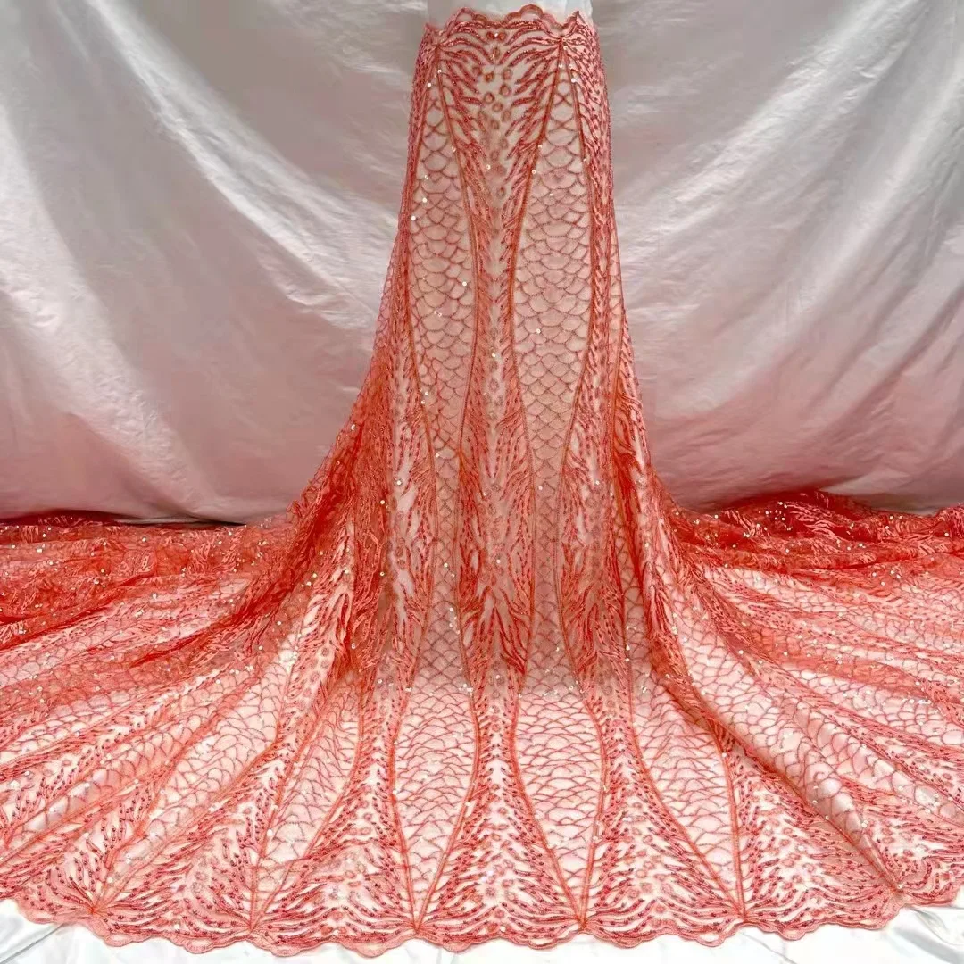 5 YardsBright Orange Lace African Party Wedding Sequins Mesh Fashion Fabric Sequin Net  Jx1601