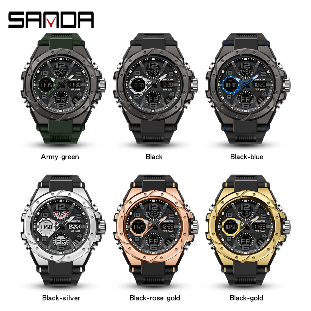 SANDA G style-reloj deportivo militar para hombre, cronógrafo Digital LED de cuarzo con pantalla Dual, resistente al agua
