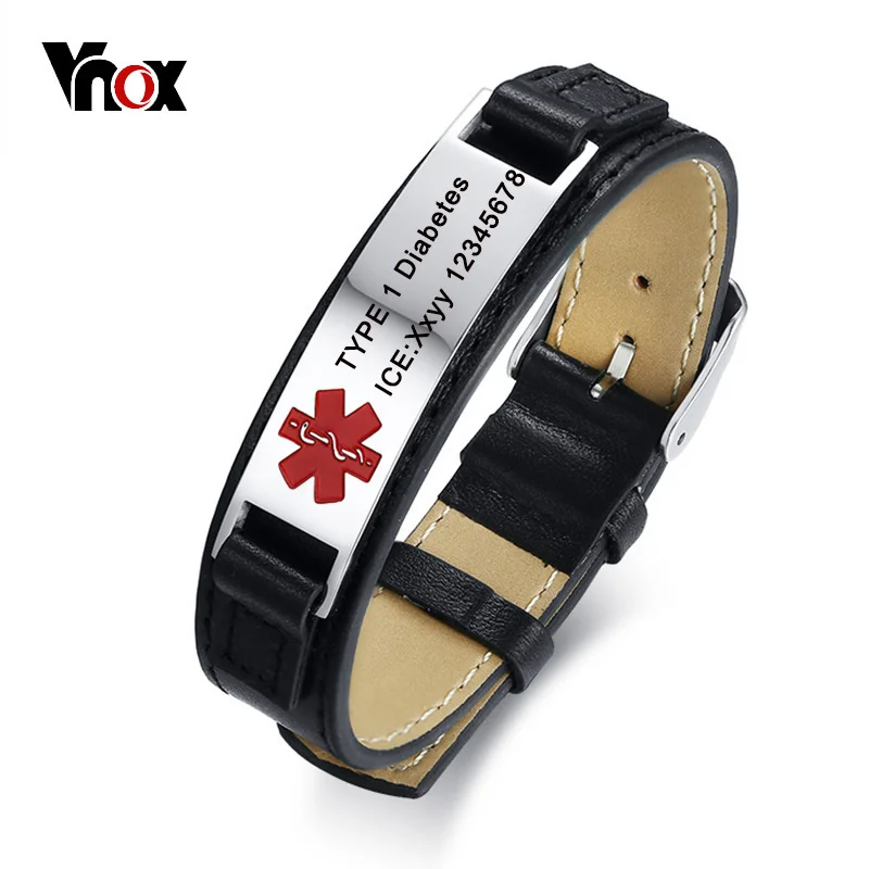 

Vnox Free Engraving Leather Bracelet Medical Alert ID Men Jewelry DIABETES ICE