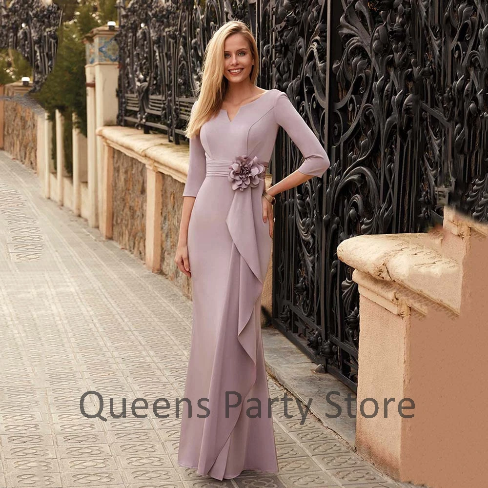 Modest 3/4 Sleeves Mother of The Bride Dress V Neck Simple Flower Mermaid Party Gowns for Groom's Mother