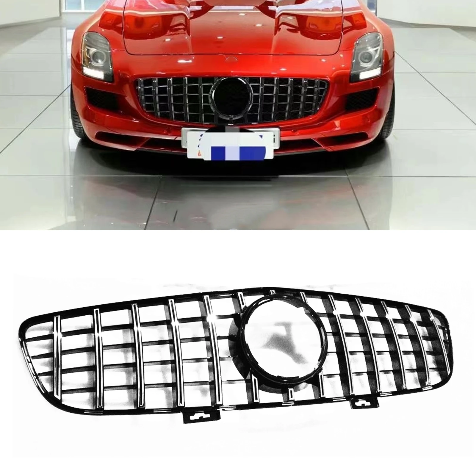 For Mercedes-Benz C197 SLS AMG 2010 2011 2012 2013 2014 2015 GT R Front Grille Grill Silver/Black Upper Bumper Hood Mesh Grid