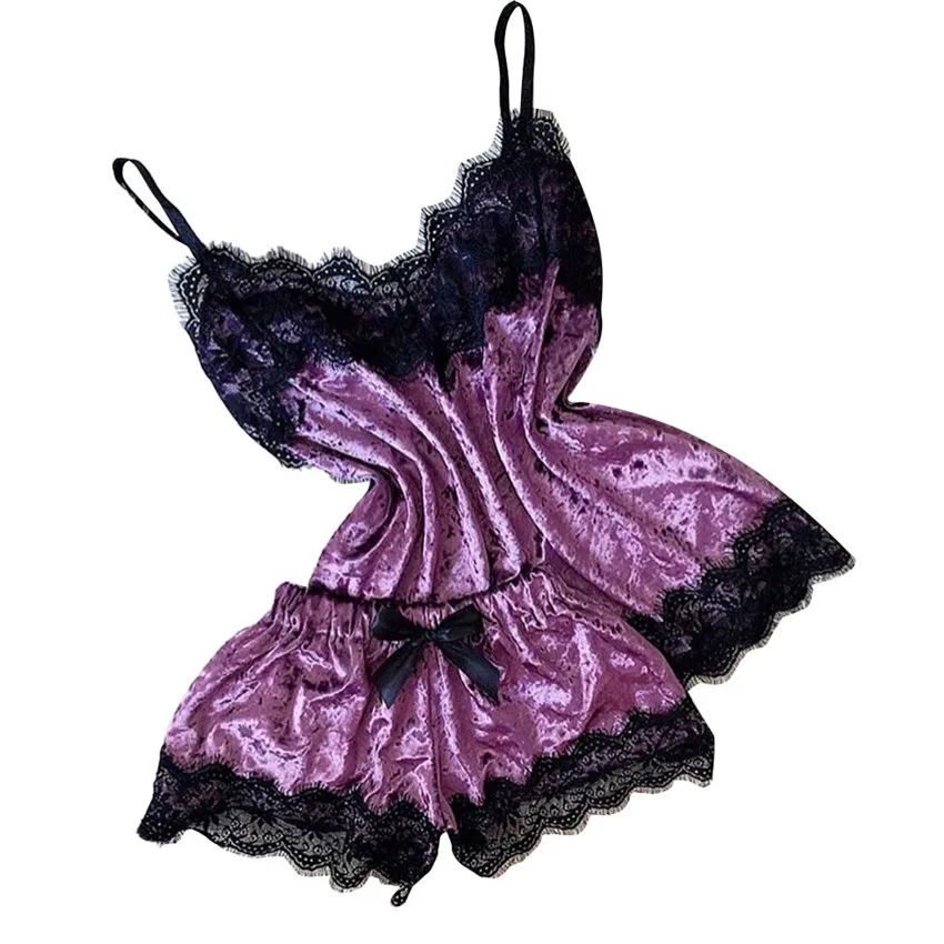 Conjunto de lencería Sexy de terciopelo para Mujer, ropa de dormir Sexy, picardías de tentación, camisola bonita y pantalones cortos
