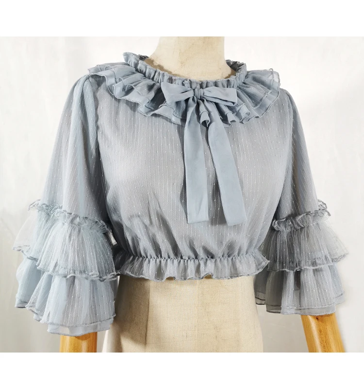 Fresh sweet lolita top kawaii girl peter pan collar victorian shirt loose top lolita shirt loli ruffled chiffon bell sleeve