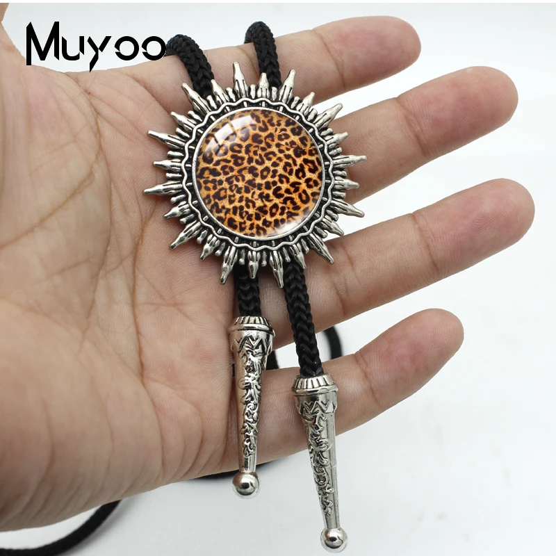 BOLO-00167 New Vintage Colorful Leopard Print Glass Cabochon Cowboy Necktie Necklace Bolo Tie Pendant Necklaces Jewelry