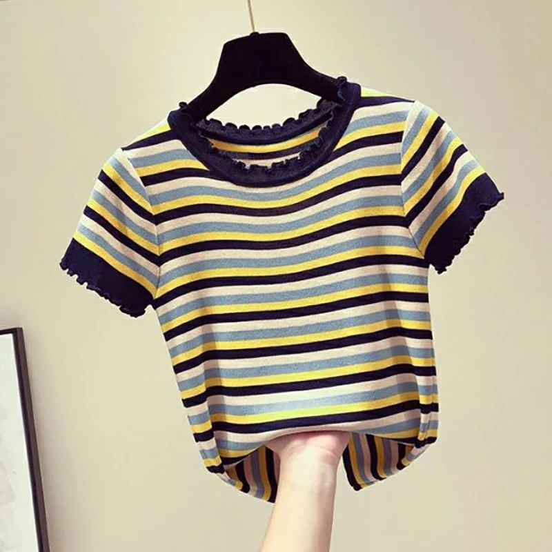 Rainbow Striped Thin Knitted T Shirt 2022 Fashion Women Tshirt Short Sleeve Korean Clothes Fungus O-Neck Woman Tee Shirt Tops