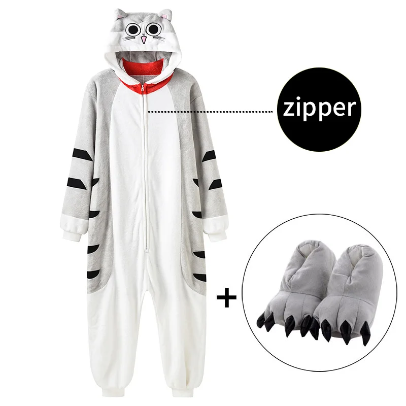 Kawaii Cat Onesie With Slippers Kitty Pajama Animal Kigurumis Women Girl Adult Overall Winter Warm Soft Homewear Party Jumpsuit