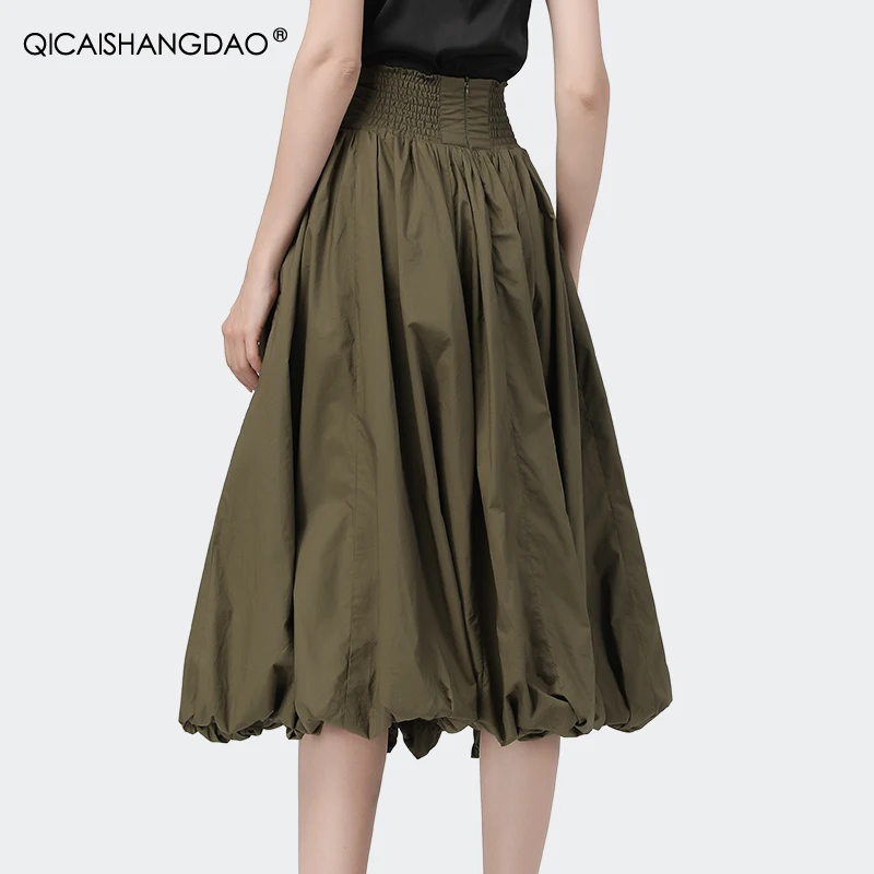 100% Cotton Army Green Pleated Skirts Fashion Spring Summer Women New Loose Elastic Waist A-Line Casual Long Ball Gown Skirts