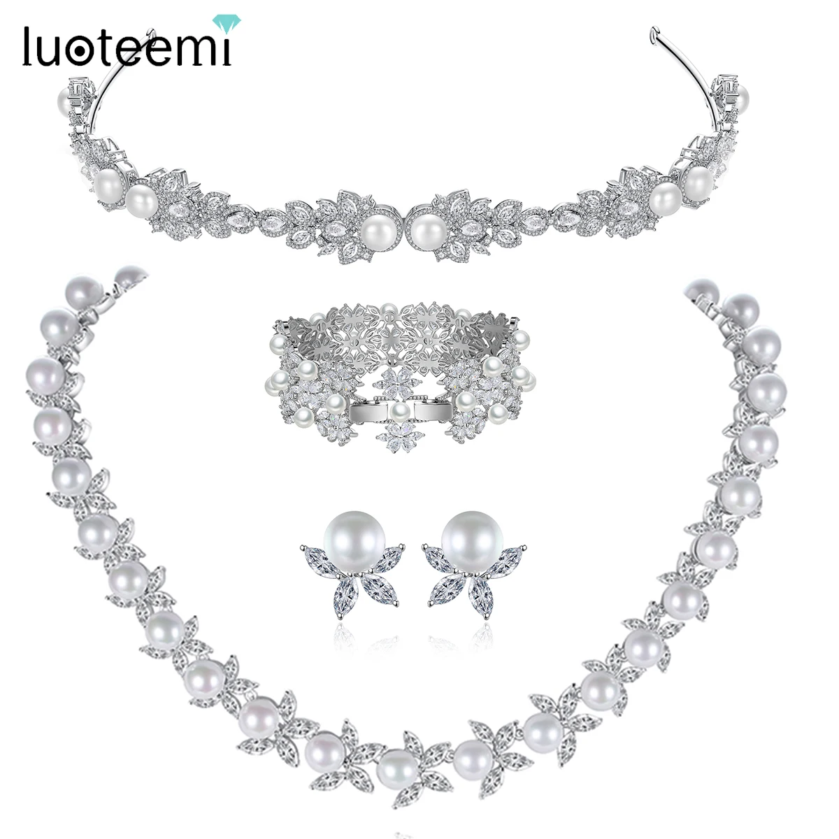 

LUOTEEMI Wedding Bridal Elegant Pearl Jewelry Sets Flower CZ Cubic Zirconia Women Jewelry Set bijoux femme Christmas Friend Gift