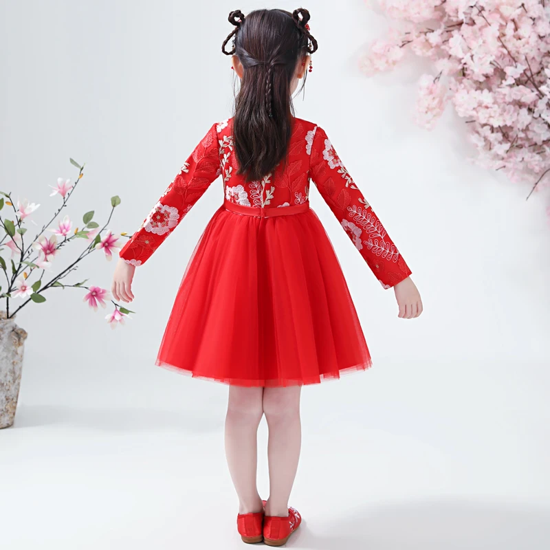 Vestido de encaje bordado de flores para niña, vestido Cheongsam chino Hafu, vestidos de fiesta para bebé, vestido de Año Nuevo