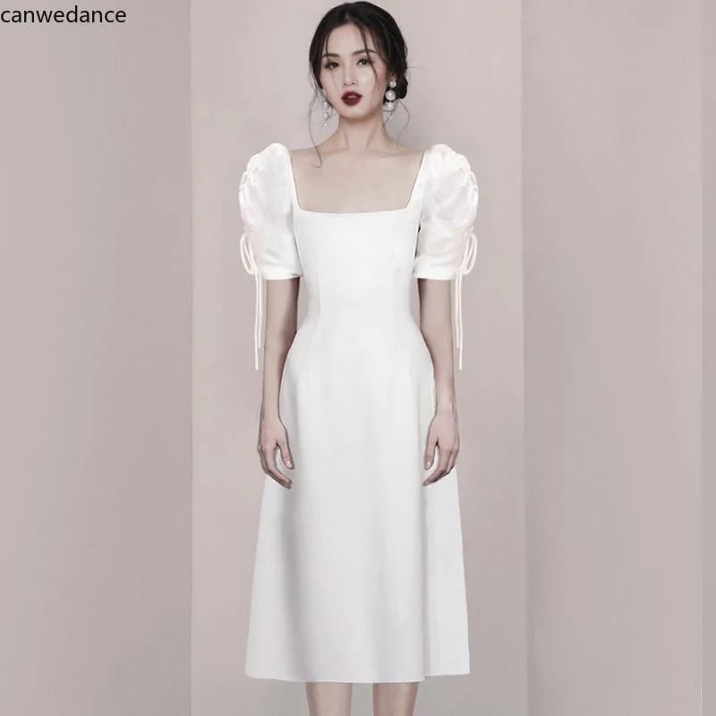 

Korean Chic Elegant Slim Square Neck Pleated Prom Dress Ruffles Stitching Empire Puff Sleeve Split Dress Midi Retro Vestidos