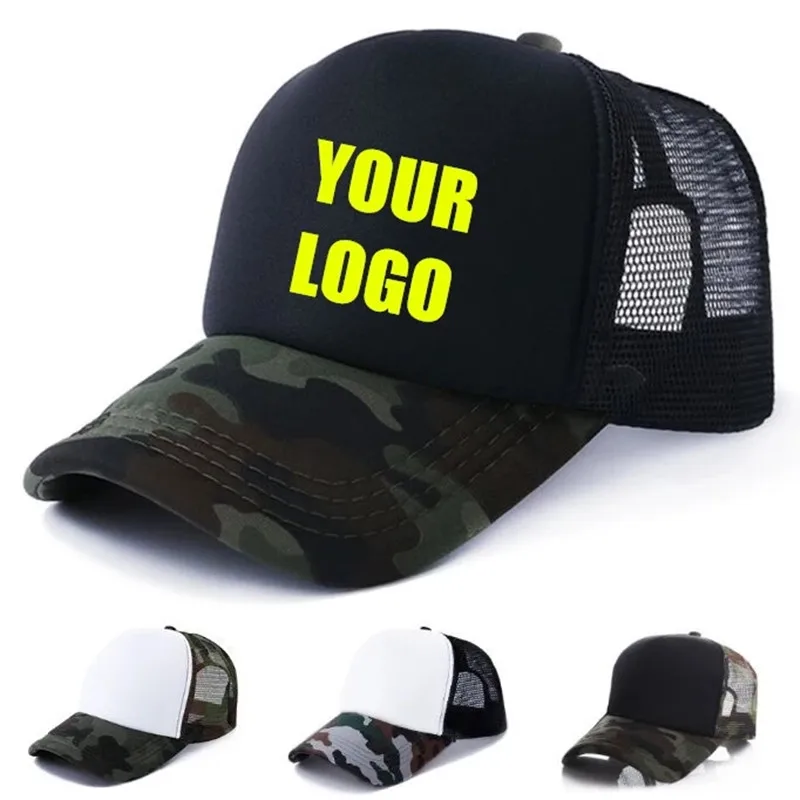 100% acrilico Logo personalizzato Camo berretti da Baseball stampa fai da te Logo Snapbacks cappelli adulto estate Camouflage Mesh Net Trucker