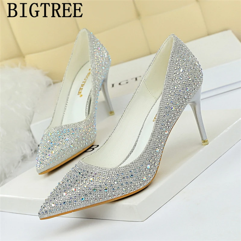 Luxury Heels Wedding Shoes Bride Stiletto Extreme High Heels Crystal Shoes Pointed Top Rhinestone Heels Bigtree Shoes Salto Alto